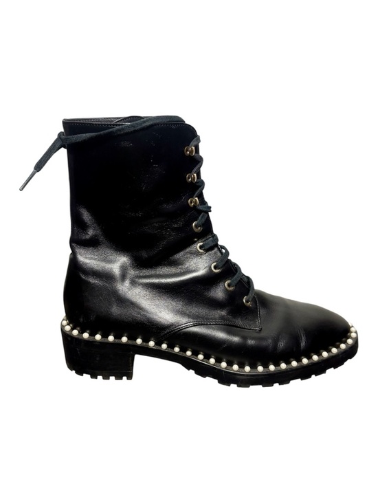 Stuart Weitzman Shoes - STUART WEITZMAN Sondra Black Leather Pearl-Trim Lace-Up Combat Boot